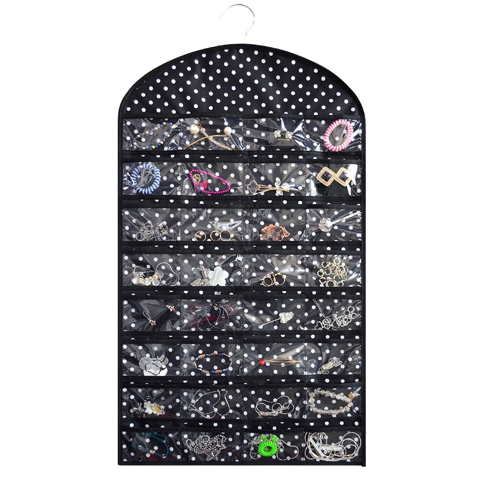 ZKOO Hanging Non-Woven Jewelry Organizer Holder 32 Pockets 18 Hook and Loops, Hanging Jewelry Storage for Women (White dot)