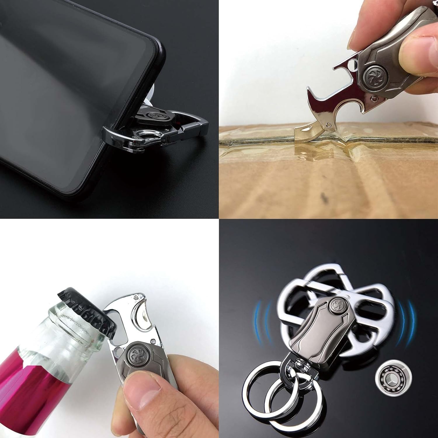 Porte-clés multifonction pour hommes - Organisateur à double anneau avec ouvre-bouteille, support de téléphone et fidget spinner, porte-clés de voiture pour hommes._voghion.com