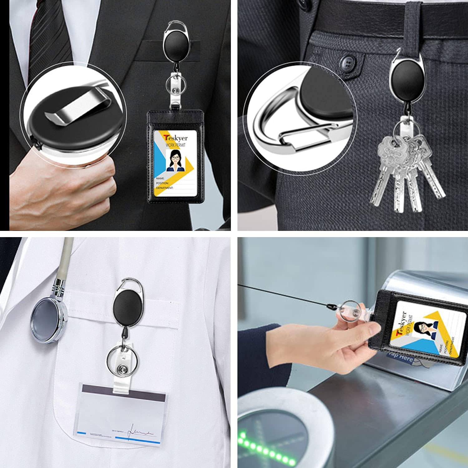 5 Pack Retractable Badge Reel With Carabiner Belt Clip & Key Ring - Heavy Duty ID Card Holder Keychain For Office & Daily Use_voghion.com