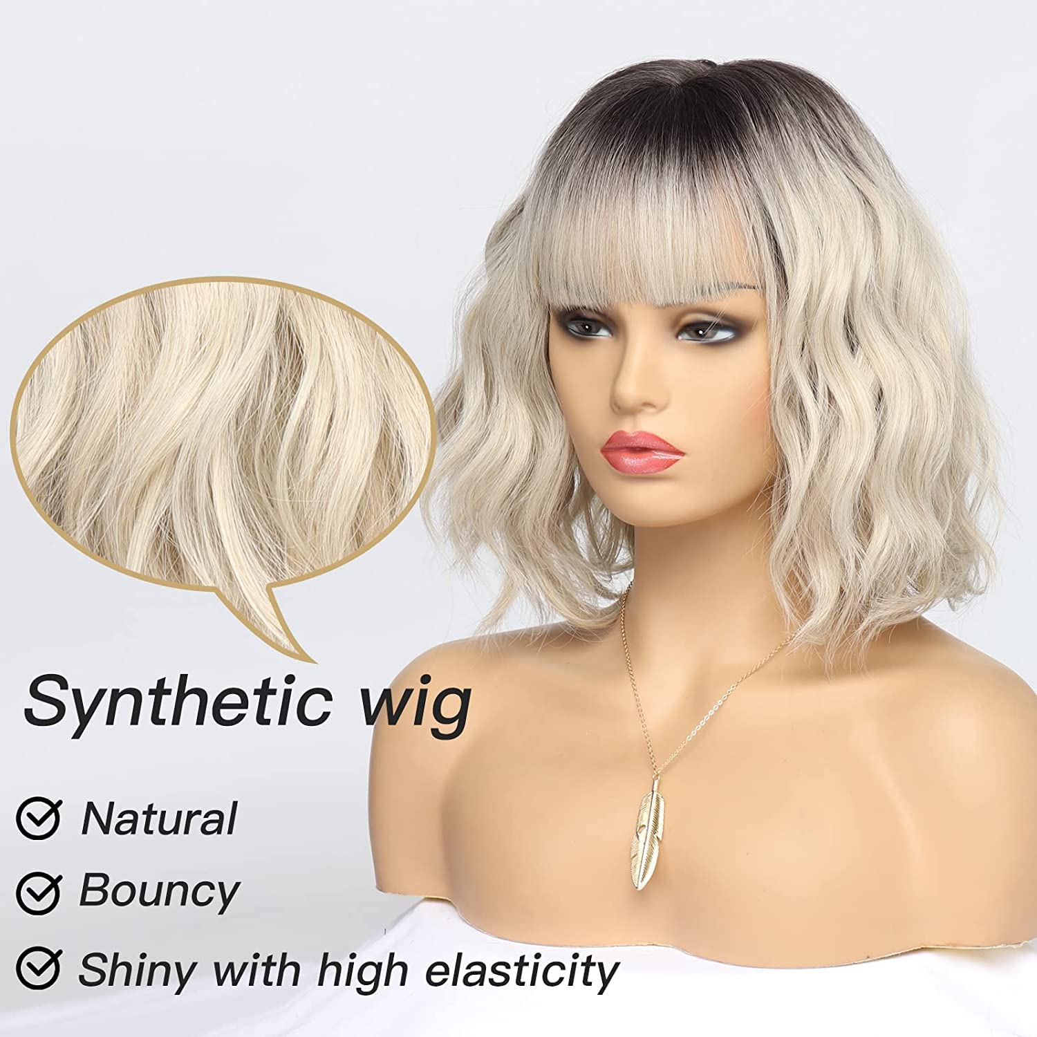 Kurze blonde Perücke für Frauen, natürliches Kunsthaar, Ombre-Bob-Perücke mit ordentlichem Pony, dunklem Ansatz für Alltag/Party/Cosplay (10 Zoll, Blond)._voghion.com