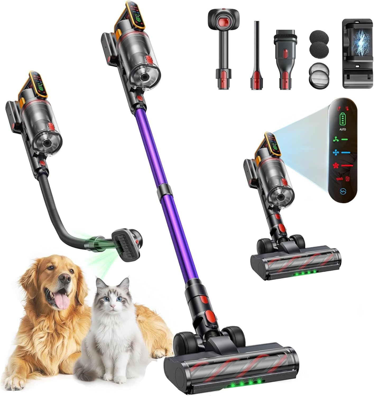 Cordless Vacuum Cleaner, 650W 55KPa Stick Vacuum With Touch Screen Auto Mode, 70 Mins Runtime Lightweight Home Vacuum Cleaner For Pet Hair_voghion.com