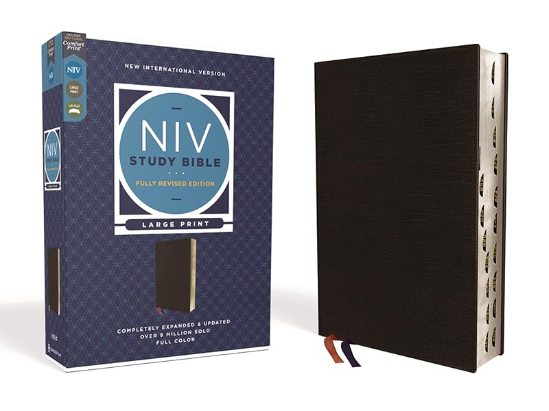 NIV Study Bible, Fully Revised Edition (Study Deeply. Believe Wholeheartedly.), Large Print, Bonded Leather, Black, Red Letter, Thumb Indexed, Comfort Print by Zondervan