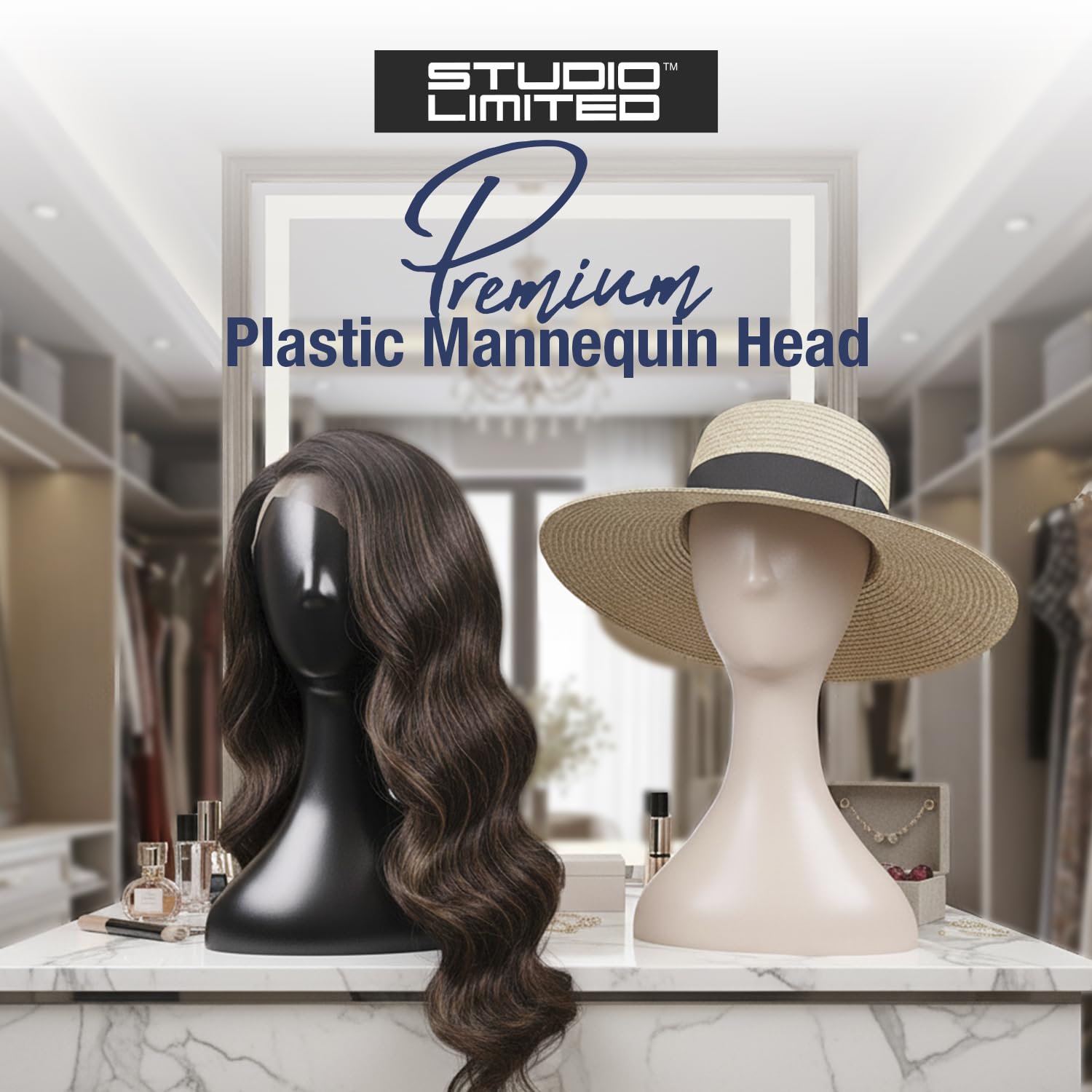 Testa di manichino professionale in plastica Studio Limited da 16 pollici (nera), supporto resistente per parrucche da donna, espositore per acconciature, supporto per la creazione di modelli con jack_voghion.com