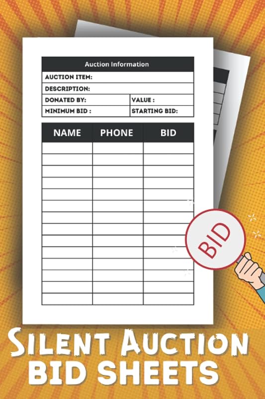 Silent Auction Bid Sheets: Log Book For Recording and Tracking Bids In Auctions, Fundraising Event Planner, Auction Bidding Sheets Cards, Charity Event Auction Bid Tracker. by Silent Auction Bid publisher