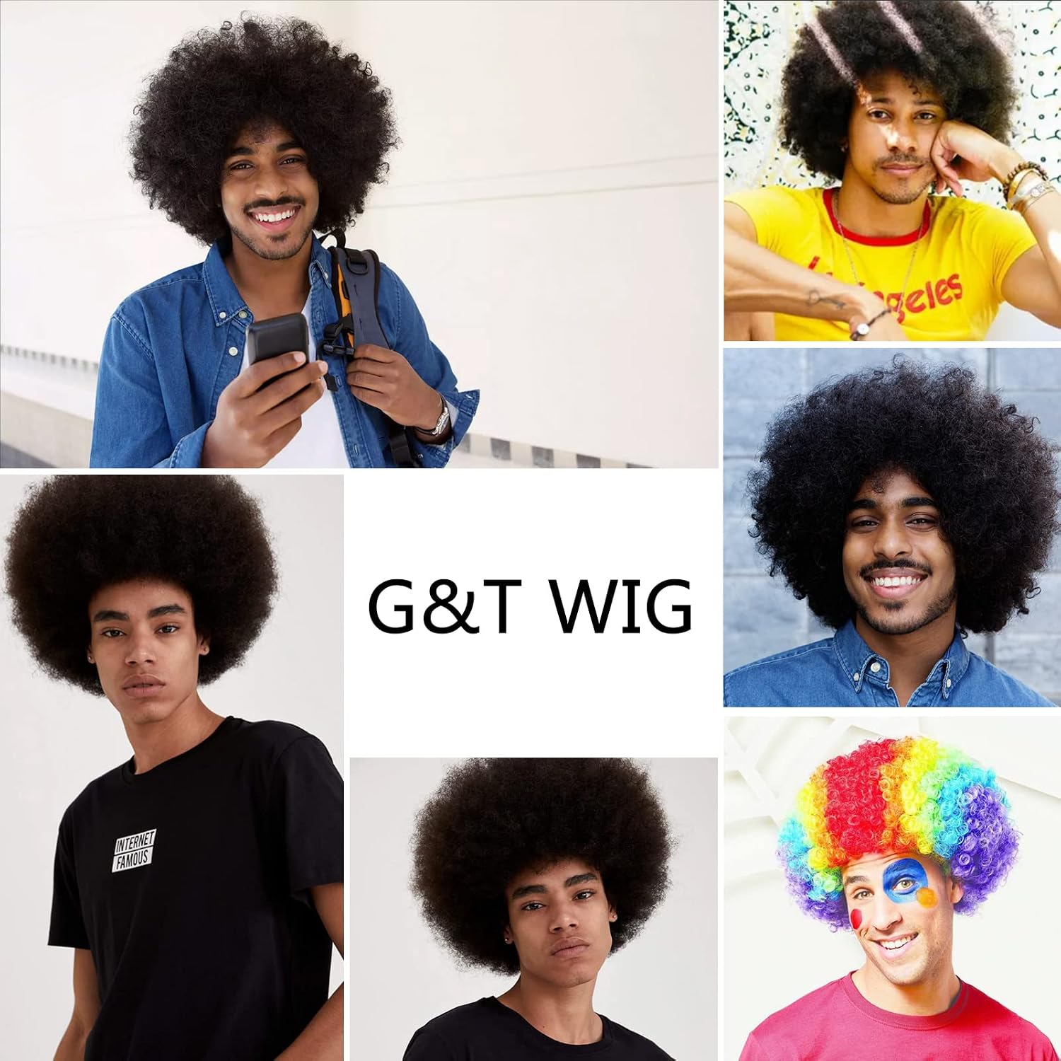 Perruque G&T Afro pour homme, style années 70-80, courte et bouclée, brune, rockeuse, idéale pour les fêtes, le disco, Halloween, le cosplay, perruque synthétique amusante (brun foncé)._voghion.com