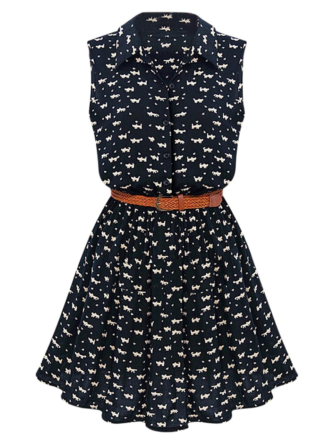 

Allegra K Ladies Cat Pattern Button Closure Upper Unlined Shirt Dresses w Belt