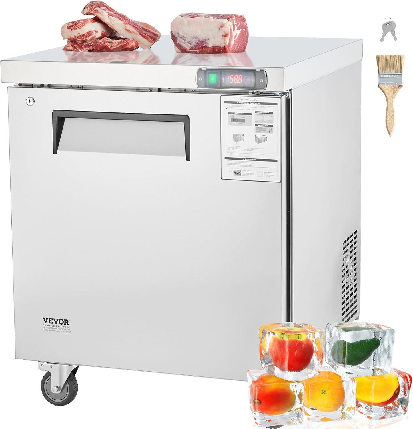 VEVOR Piano di lavoro per congelatore commerciale da 28" W, congelatori sottobanco da 7,4 piedi cubi con ruote, tavolo di preparazione per scongelamento a temperature comprese tra 0 e 8℉, porta singola in acciaio inox_voghion.com