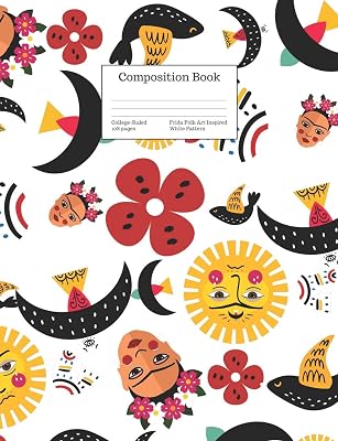Composition Book College-Ruled Frida Folk Art Inspired White Pattern: Retro Kahlo Inspired Cover (Back to School Series)