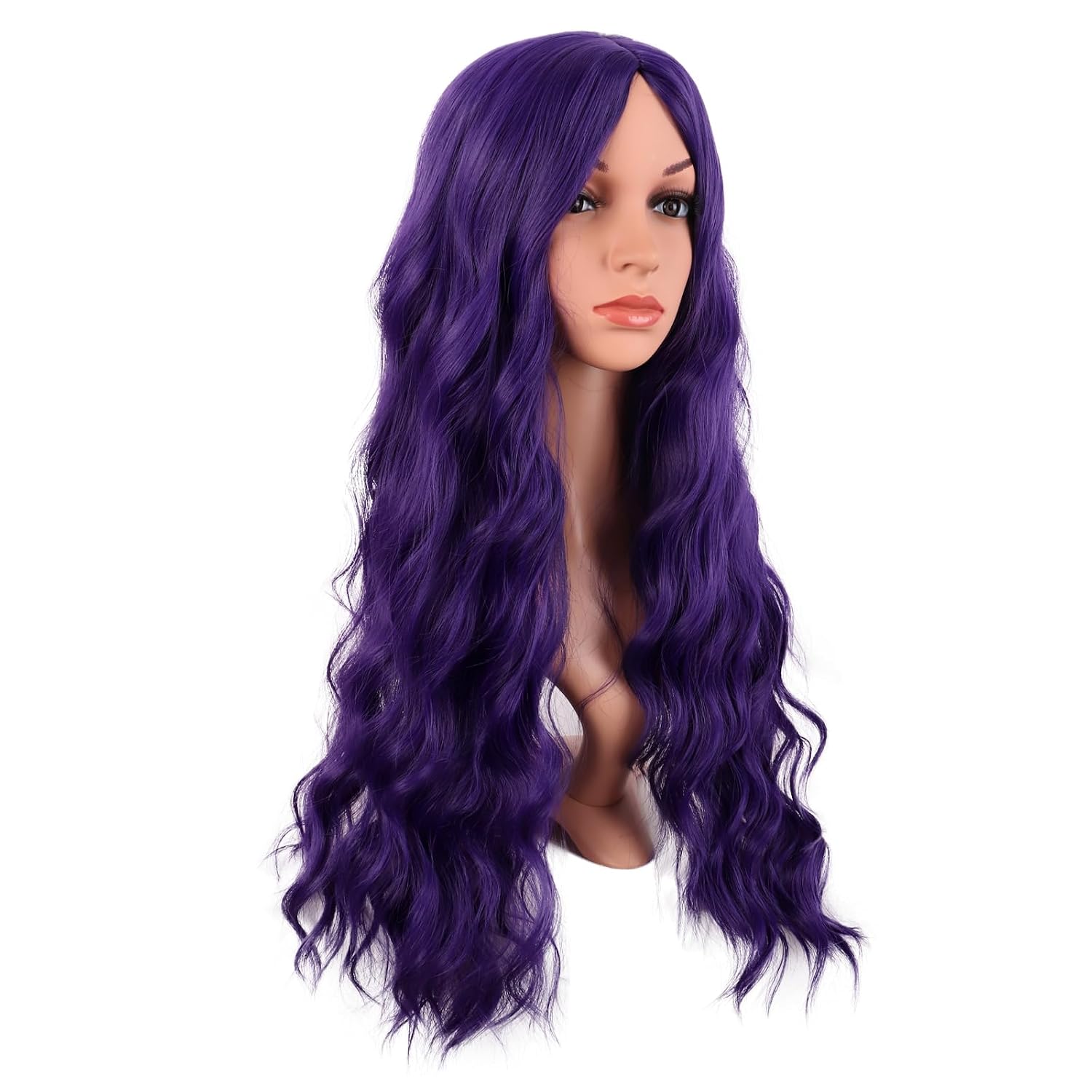MapofBeauty Parrucca da donna ondulata, lunga 70 cm (28 pollici), senza frangia, in fibra sintetica, riccia, alla moda, per feste e cosplay (viola scuro)_voghion.com