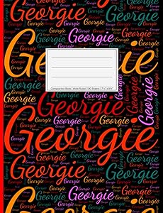 Georgie: Wide Ruled Composition Book, 200 pages, size 7.44" x 9.69", white paper with light grey lines, Personalized soft black cover filled with ... sizes, colors, directions and a red spline.