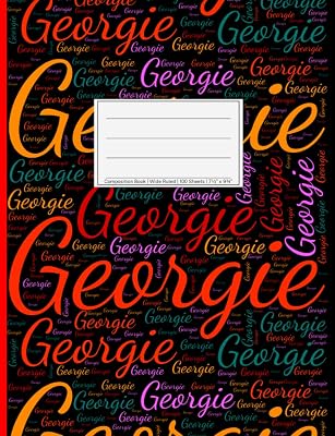 Georgie: Wide Ruled Composition Book, 200 pages, size 7.44" x 9.69", white paper with light grey lines, Personalized soft black cover filled with ... sizes, colors, directions and a red spline.
