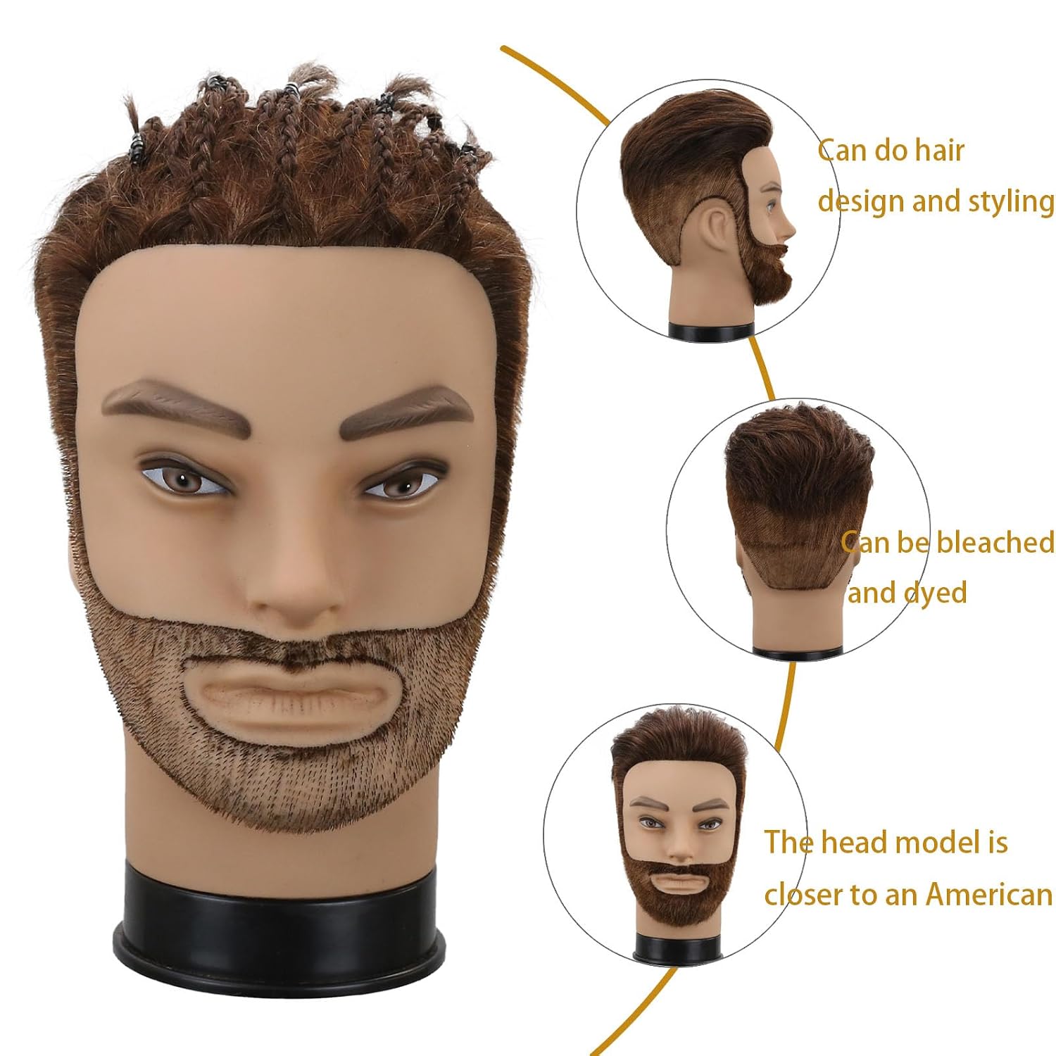 Testa di manichino maschile, testa da allenamento con capelli 100% umani, testa di manichino da barbiere da 30 cm, testa di manichino maschile con barba per acconciature (marrone scuro)_voghion.com