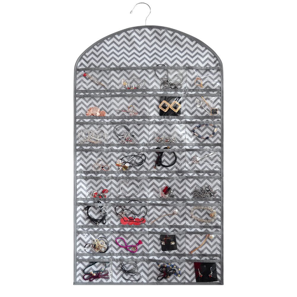ZKOO Hanging Non-Woven Jewelry Organizer Holder 32 Pockets 18 Hook and Loops, Hanging Jewelry Storage for Women (Grey)