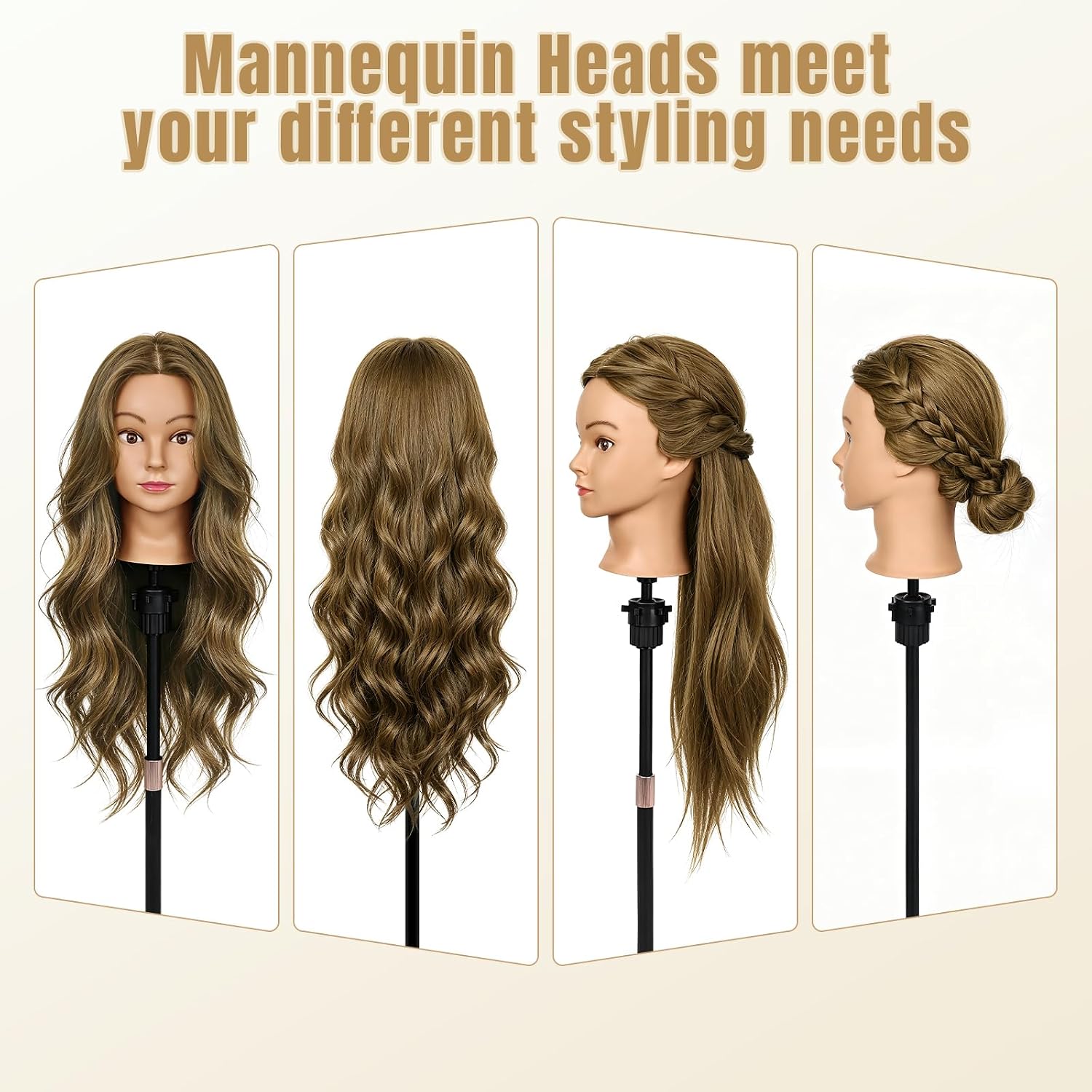 26" Mannequinhoofd van echt mensenhaar, 80% echt haar, voor cosmetologie, oefenpop voor het vlechten van haar en kapperswerk (lattebruin)_voghion.com