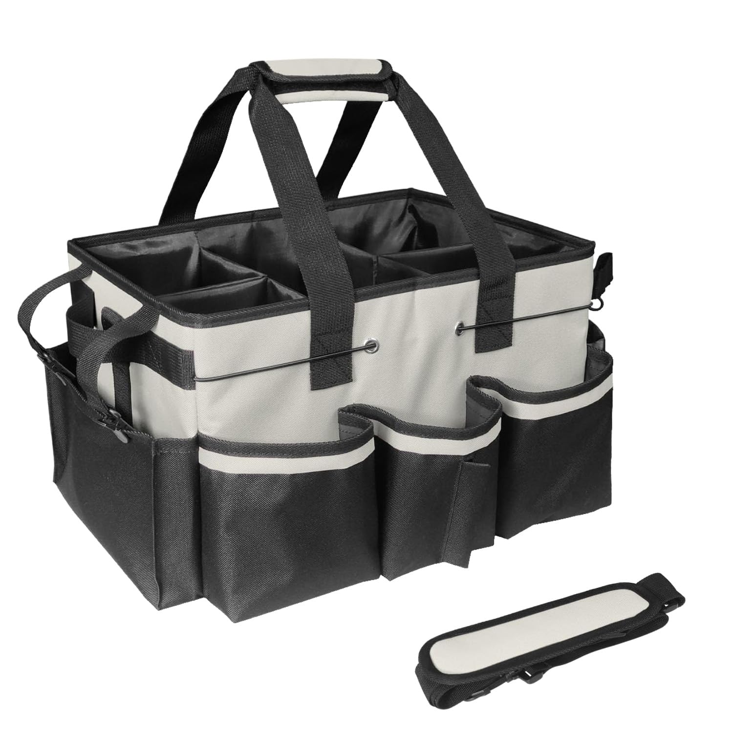 ZKOO Large Cleaning Caddy Bag with Handle, Built-in Sturdy Support Board, Adjustable Shoulder Strap, Multi-compartment Design Cleaning Supply Tote for Cleaners & Housekeepers (White)