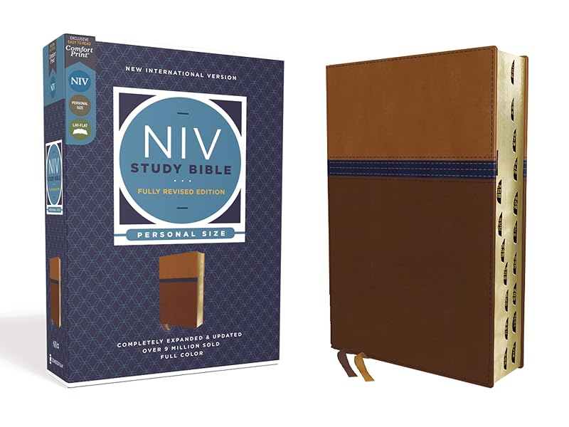 NIV Study Bible, Fully Revised Edition (Study Deeply. Believe Wholeheartedly.), Personal Size, Leathersoft, Brown/Blue, Red Letter, Thumb Indexed, Comfort Print by Zondervan
