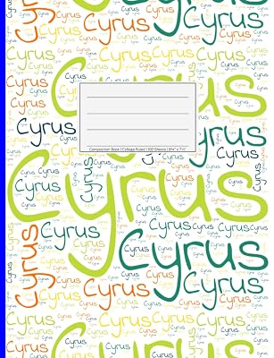 Cyrus: College Ruled Composition Book, 200 pages, size 7.44" x 9.69", white paper with light grey lines, Soft white cover filled with wordcloud made ... colors and directions and a blue spline.