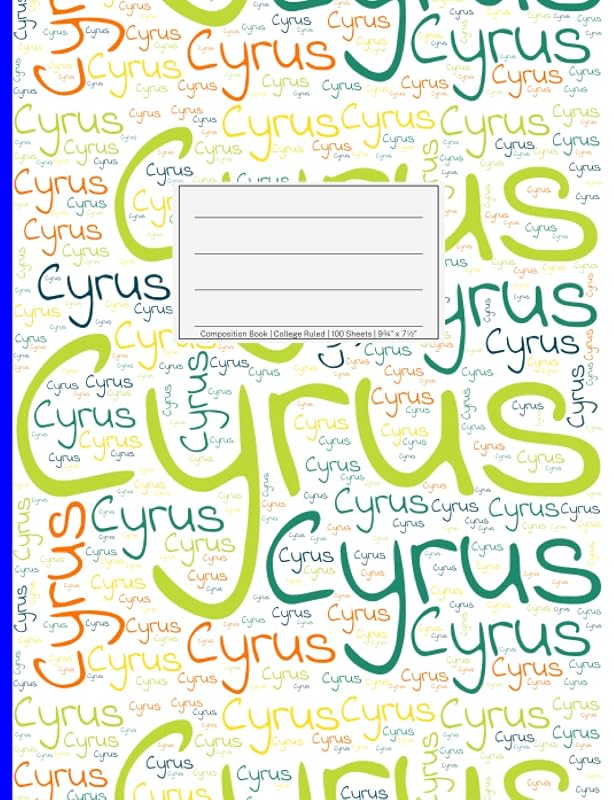 Cyrus: College Ruled Composition Book, 200 pages, size 7.44" x 9.69", white paper with light grey lines, Soft white cover filled with wordcloud made ... colors and directions and a blue spline. by NWF Publishing
