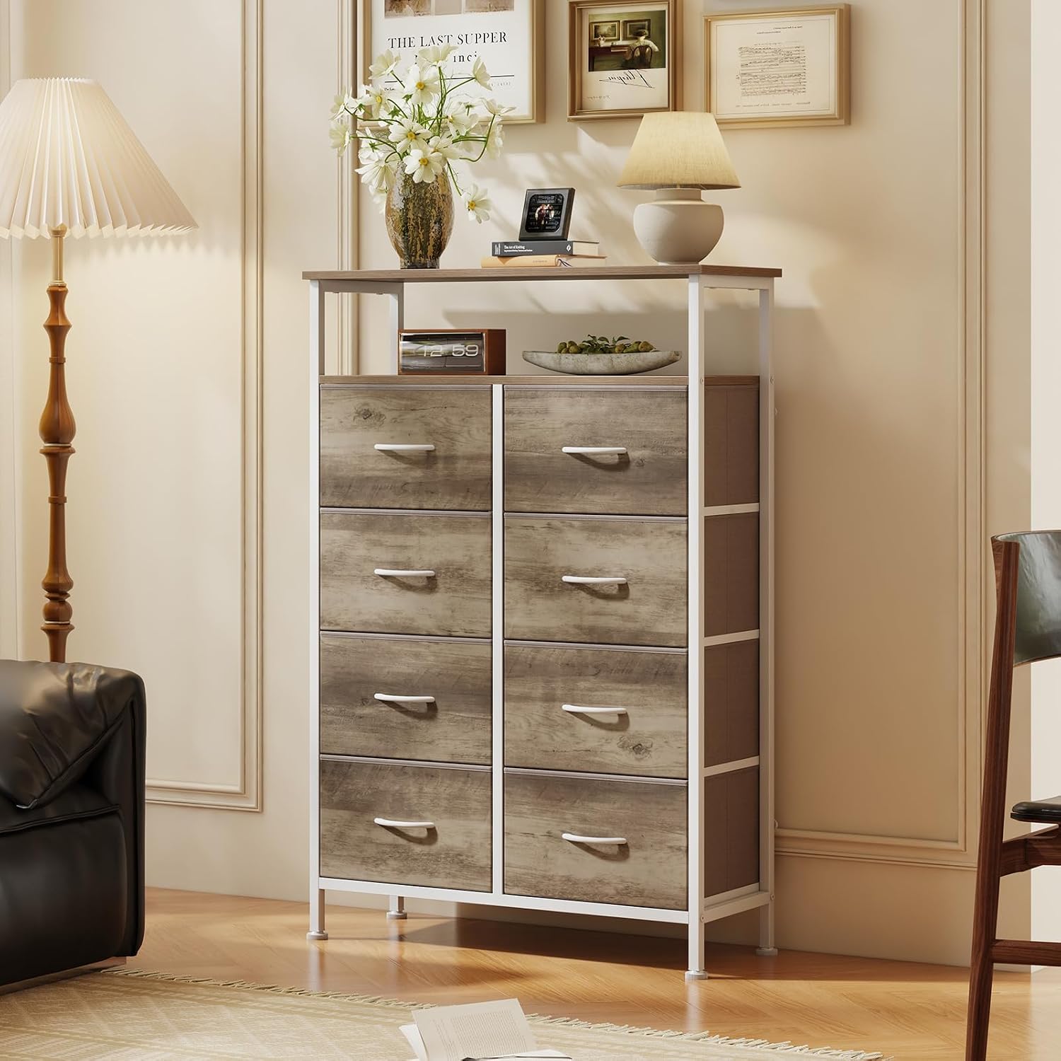 8-Drawer Fabric Dresser 46in Open Shelf Tall Storage Cabinet