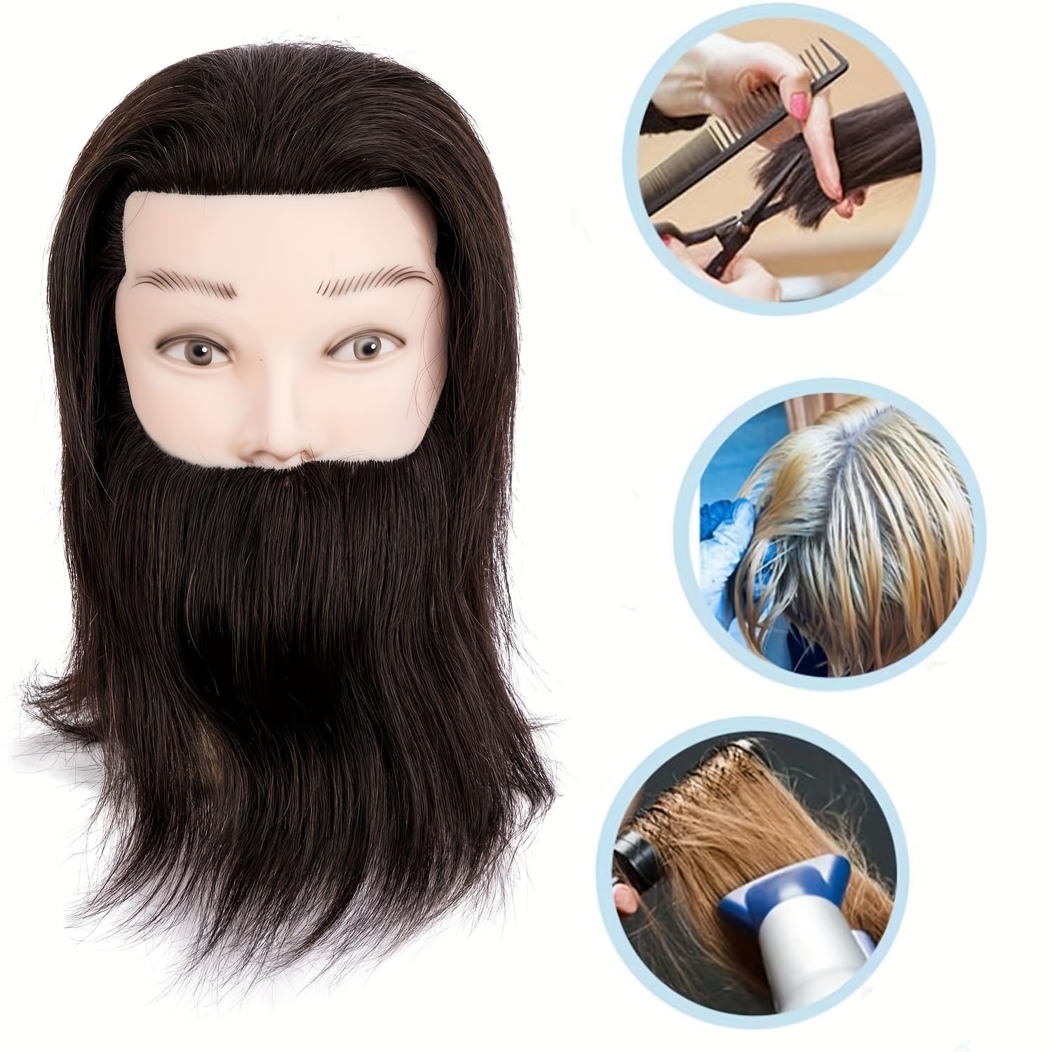 Übungskopf mit Echthaar, Kosmetikschüler-Übungskopf für Haarstyling & Friseur-Übungskopf (männlich) zum Üben von Haarschnitt und Barttrimmen_voghion.com