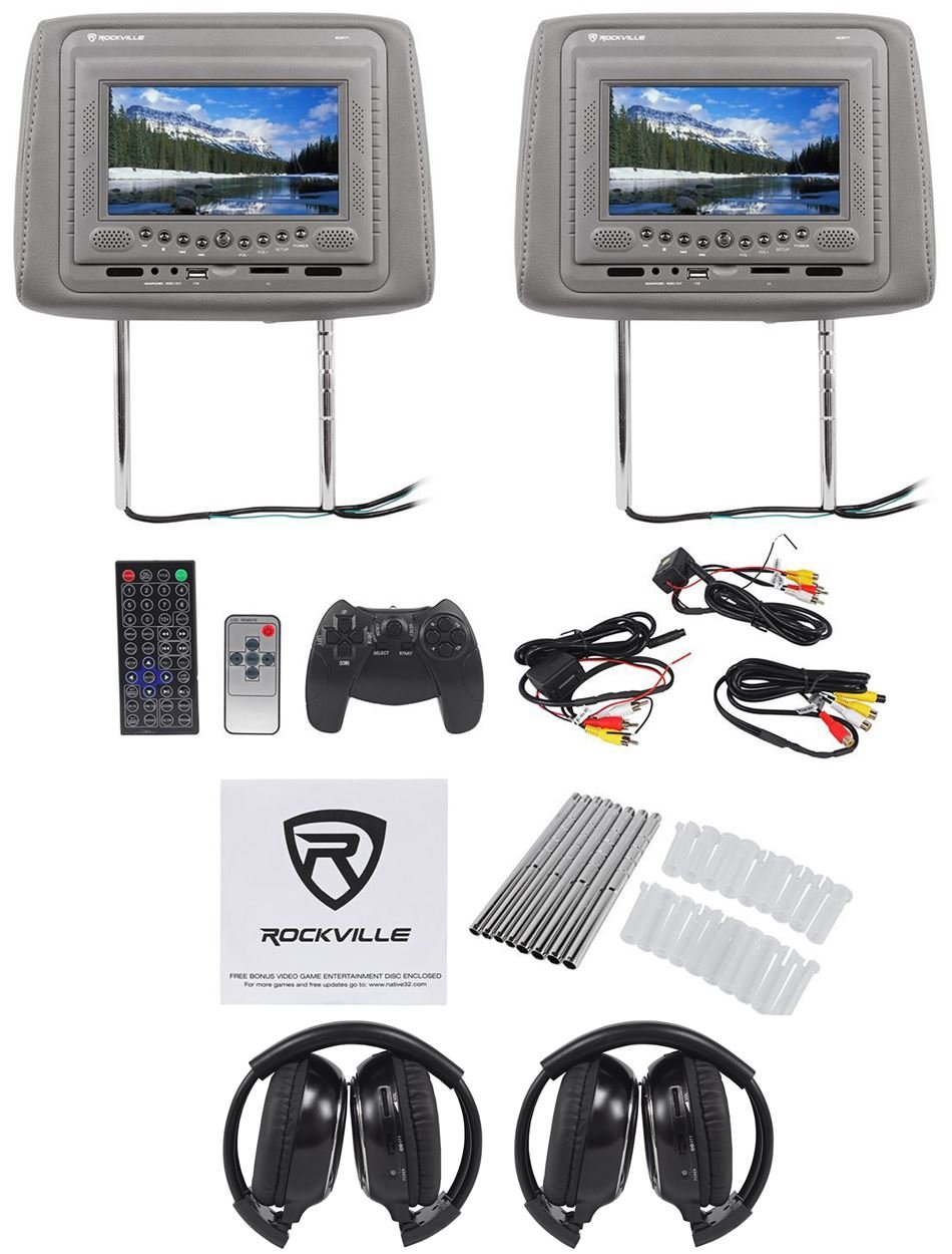 

Rockville RDP71-GR 7" Grey Car DVD/USB/SD Car Headrest Monitors with IR Transmitter, Internal Speakers, Sony Laser Lens + Video Games + (2) Rockville RFH3 Dual Channel Wireless Ir Headphones