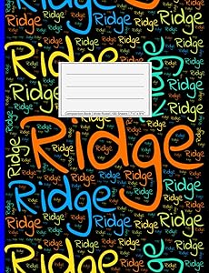 Ridge: Wide Ruled Composition Book, 200 pages, size 7.44" x 9.69", white paper with light grey lines, Soft black cover filled with wordcloud made of ... colors and directions and a blue spline. by NWF Publishing