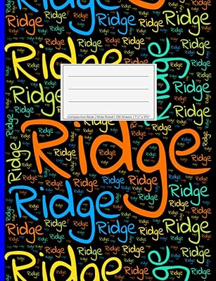 Ridge: Wide Ruled Composition Book, 200 pages, size 7.44" x 9.69", white paper with light grey lines, Soft black cover filled with wordcloud made of ... colors and directions and a blue spline.
