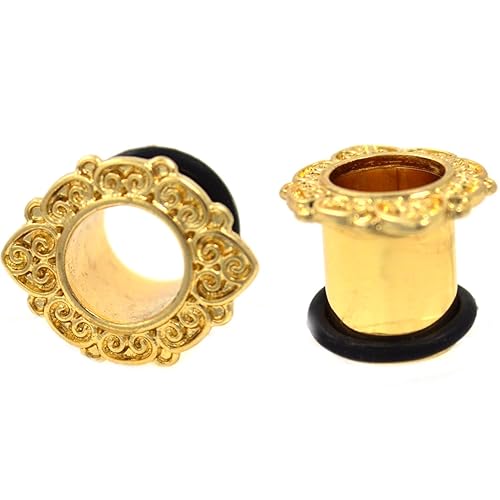 Pair (2) Vintage Style Petal Edge Tunnels Gold-Tone/Stainless Steel Ear Plugs - 00G (10mm)