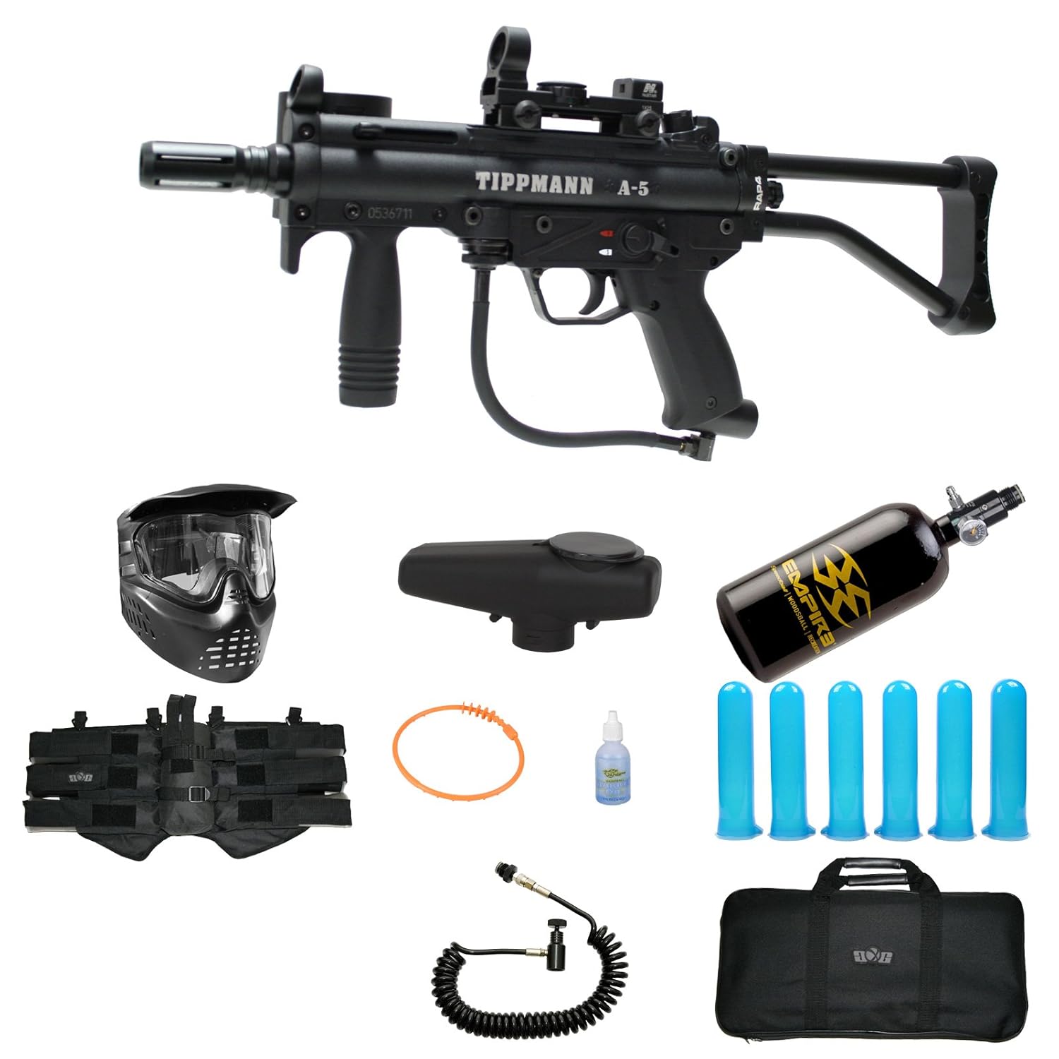 

Tippmann A5 A-5 Paintball Gun Red Green Dot Stock SMG HPA N2 Elite Pack