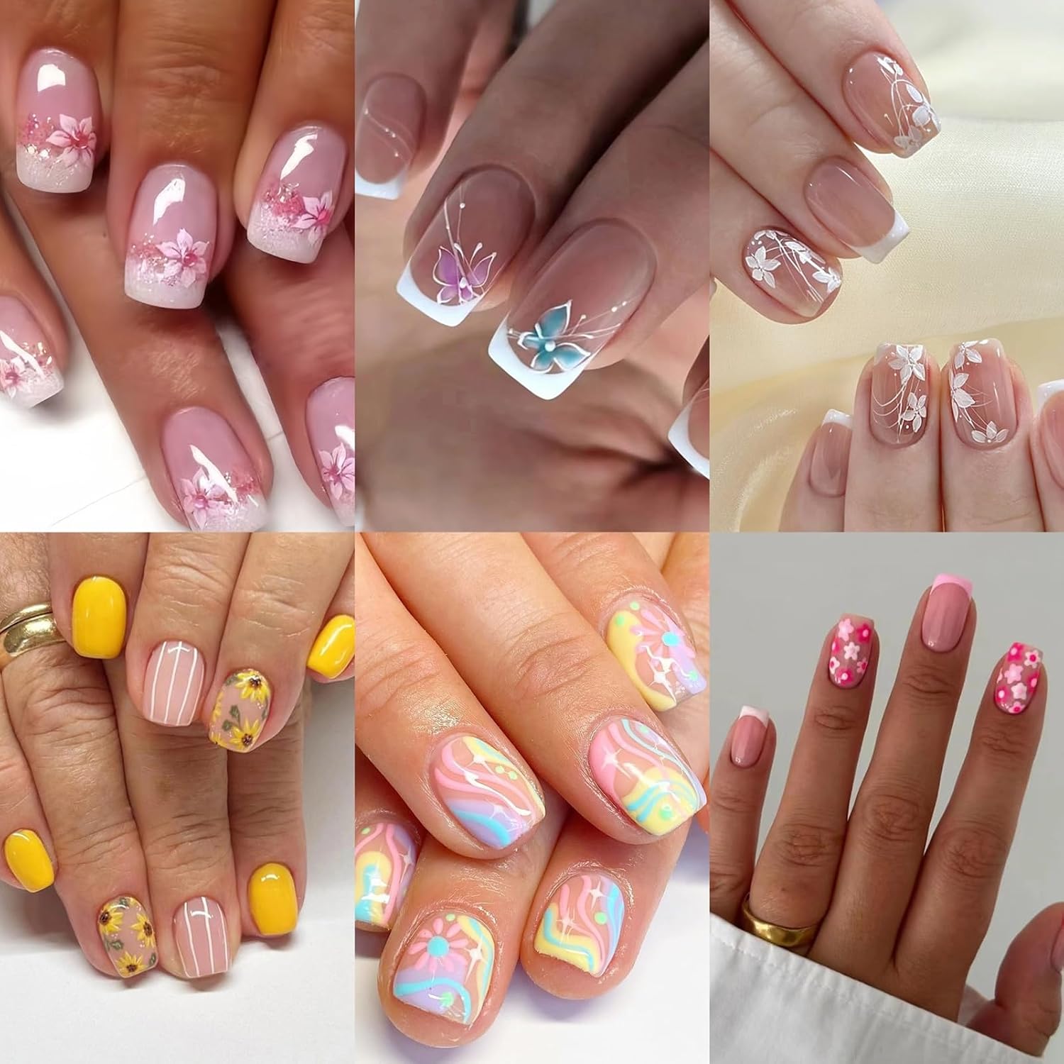 Verpakkingen van 6 stuks (144 stuks) vierkante plaknagels - korte en medium plaknagels - French tip nepnagels met bloemmotief - voor vrouwen - 12 maten - 6 stijlen_voghion.com