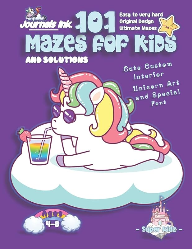 101 Mazes For Kids: SUPER KIDZ Book. Children - Ages 4-8 (US Edition). Cartoon Cloud Baby Unicorn, Purple w custom art interior. 101 Puzzles w ... book for fun activity time! (Unicorns 19MD2) by Journals Ink.