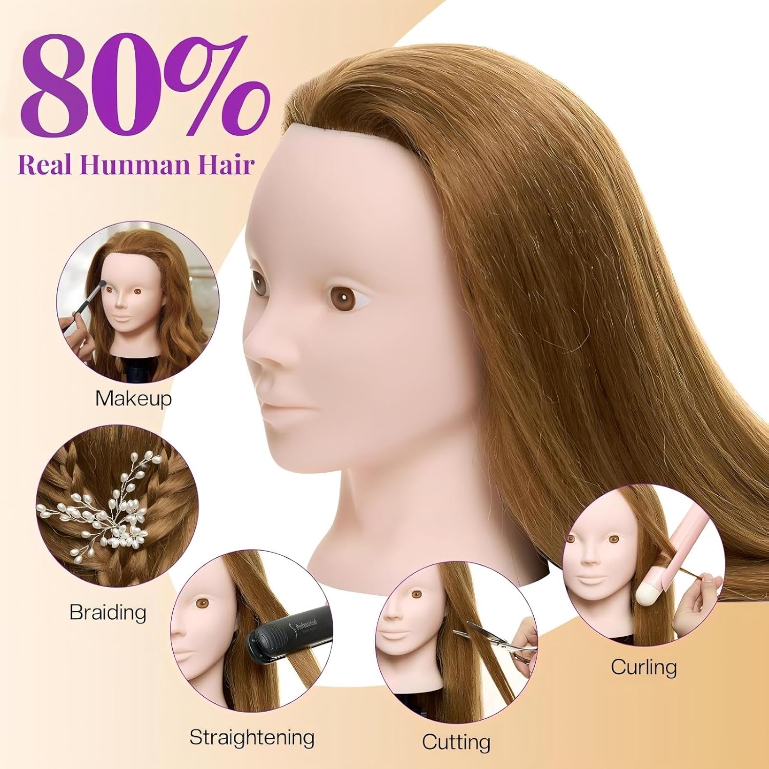 71 cm (28 inch) oefenhoofd met echt haar - 80% echt haar oefenhoofd voor make-up oefeningen, cosmetologie oefenpop voor haarstyling, kappersopleiding_voghion.com