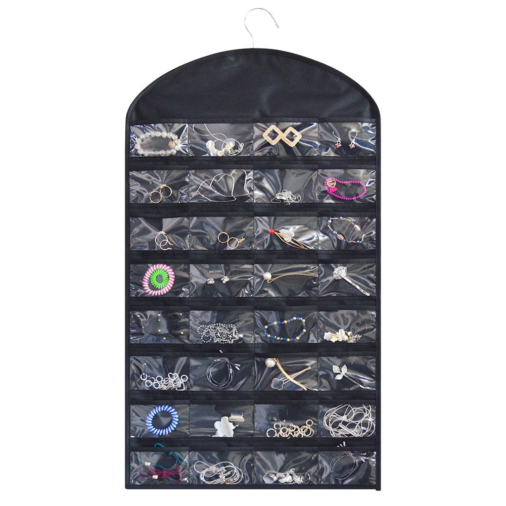ZKOO Hanging Non-Woven Jewelry Organizer Holder 32 Pockets 18 Hook and Loops, Hanging Jewelry Storage for Women (Black)