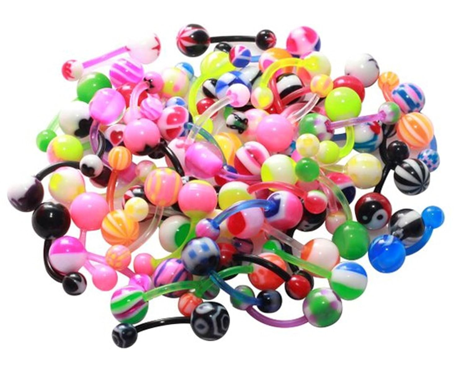 

21secret 100pcs Colorful Ball Barbell Curved Navel Belly Button Rings Bars Piercing