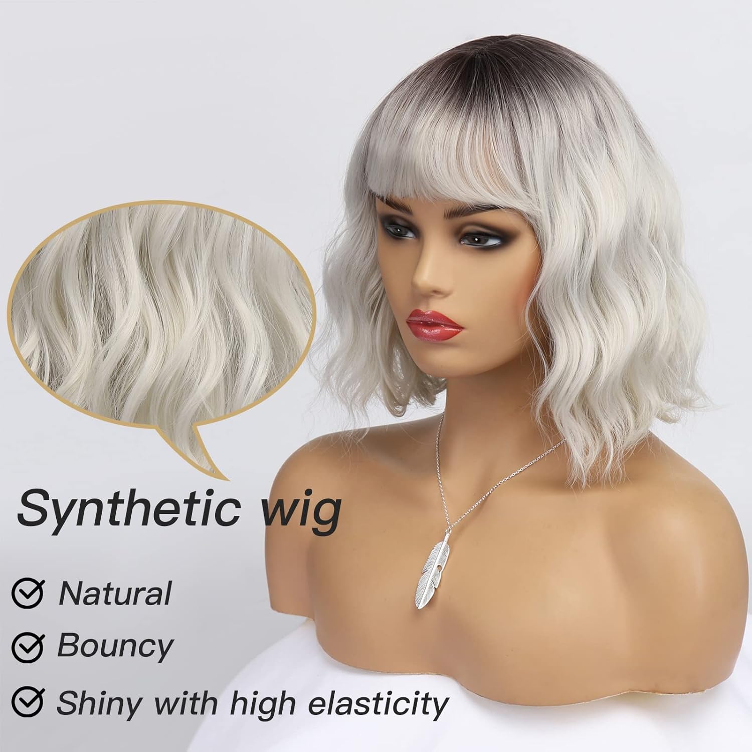 Kurze blonde Perücke für Frauen, natürliches Kunsthaar, Ombre-Bob-Perücke mit ordentlichem Pony, dunklem Ansatz für Alltag/Party/Cosplay (10 Zoll, Blond)._voghion.com