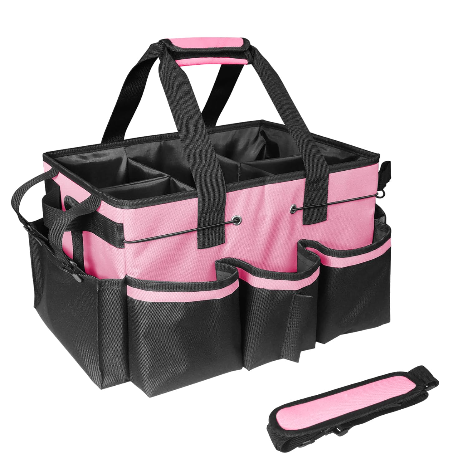 ZKOO Large Cleaning Caddy Bag with Handle, Built-in Sturdy Support Board, Adjustable Shoulder Strap, Multi-compartment Design Cleaning Supply Tote for Cleaners & Housekeepers (Pink)
