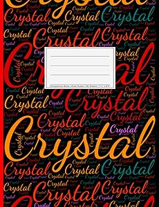 Crystal: Wide Ruled Composition Book, 200 pages, 7.44" x 9.69", white paper with light grey lines, Soft black cover filled with wordcloud made of ... sizes, colors, directions and a red spline.