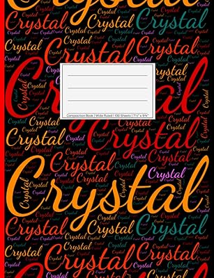 Crystal: Wide Ruled Composition Book, 200 pages, 7.44" x 9.69", white paper with light grey lines, Soft black cover filled with wordcloud made of ... sizes, colors, directions and a red spline.