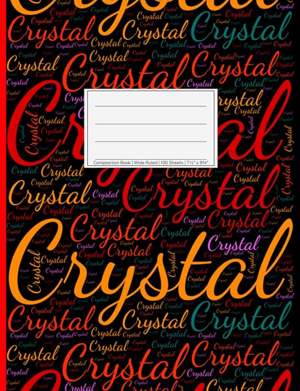 Crystal: Wide Ruled Composition Book, 200 pages, 7.44" x 9.69", white paper with light grey lines, Soft black cover filled with wordcloud made of ... sizes, colors, directions and a red spline. by NWF Publishing