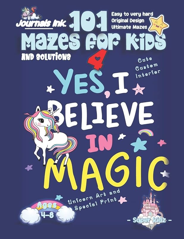 101 Mazes For Kids 4: SUPER KIDZ Book. Children - Ages 4-8 (US Edition). Unicorn custom art interior. 101 Puzzles with solutions - Easy to Very Hard ... book for fun activity time! (Unicorns 19MD2) by Journals Ink.