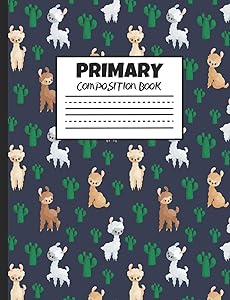 Primary Composition Book: Cute Llamas with Cacti, 200 Pages, Handwriting Paper (7.44" x 9.69")