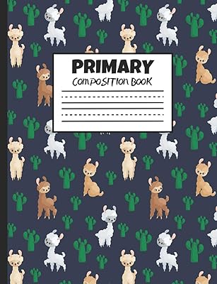 Primary Composition Book: Cute Llamas with Cacti, 200 Pages, Handwriting Paper (7.44" x 9.69")