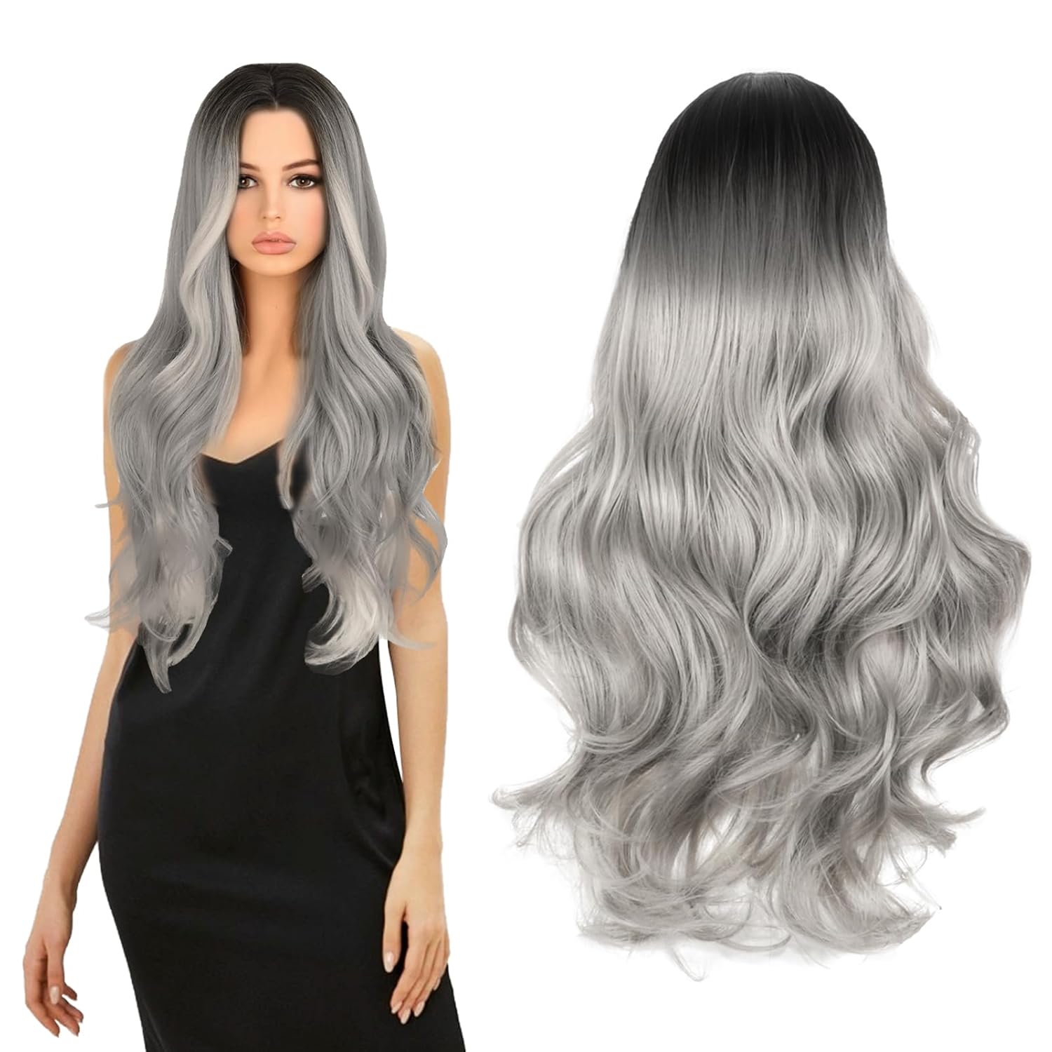 70cm Silbergraue Perücke für Damen Kunsthaarperücke mit Haarnetz Grau Langes gewelltes lockiges Haar Gothic Hexenperücke Karneval Damen Kostüm Accessoire Halloween_voghion.com