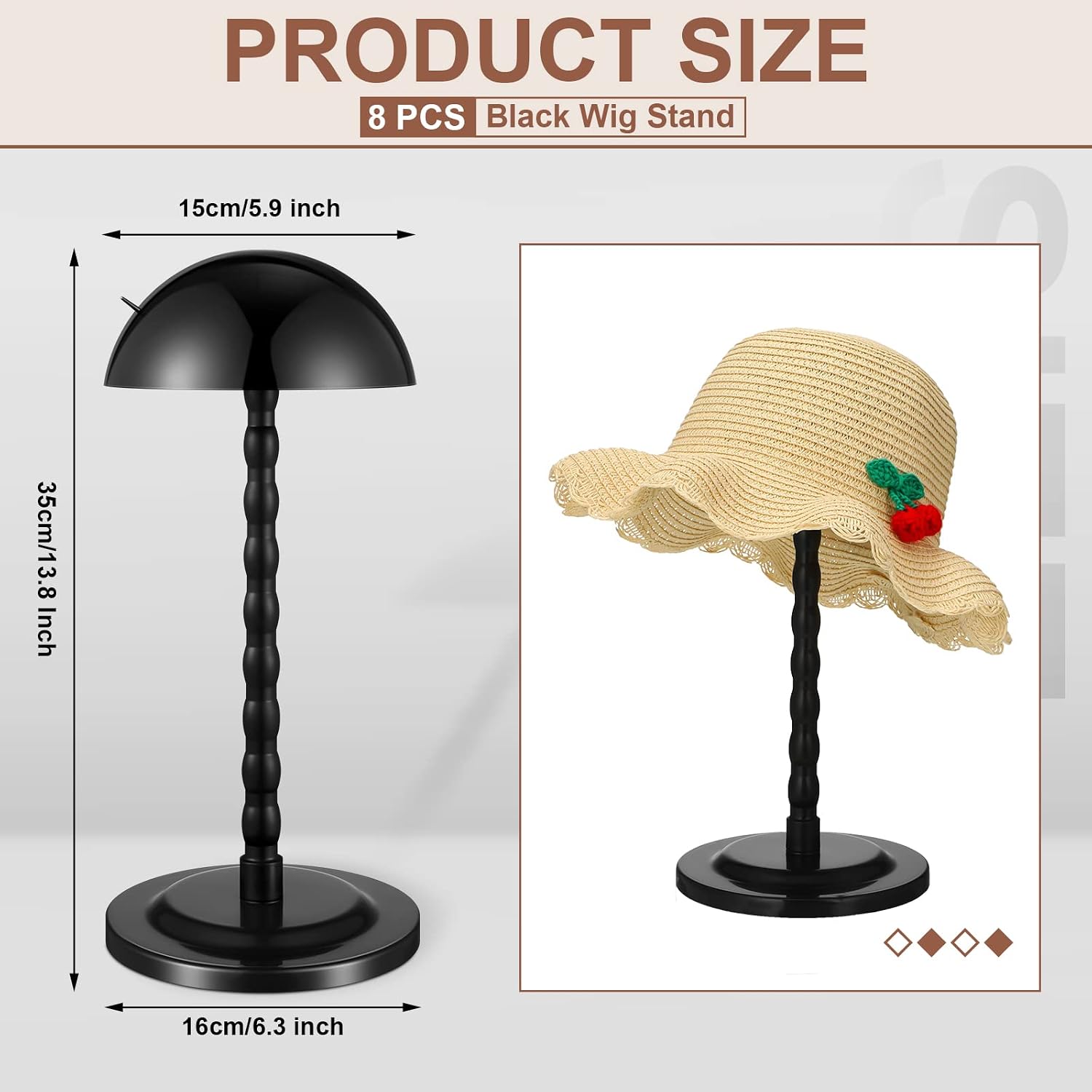 Reginary - Supporto per parrucche a 8 pezzi, testa di manichino da 35 cm, portatile, espositore per cappelli, supporto da viaggio per parrucche, antiscivolo (nero)_voghion.com