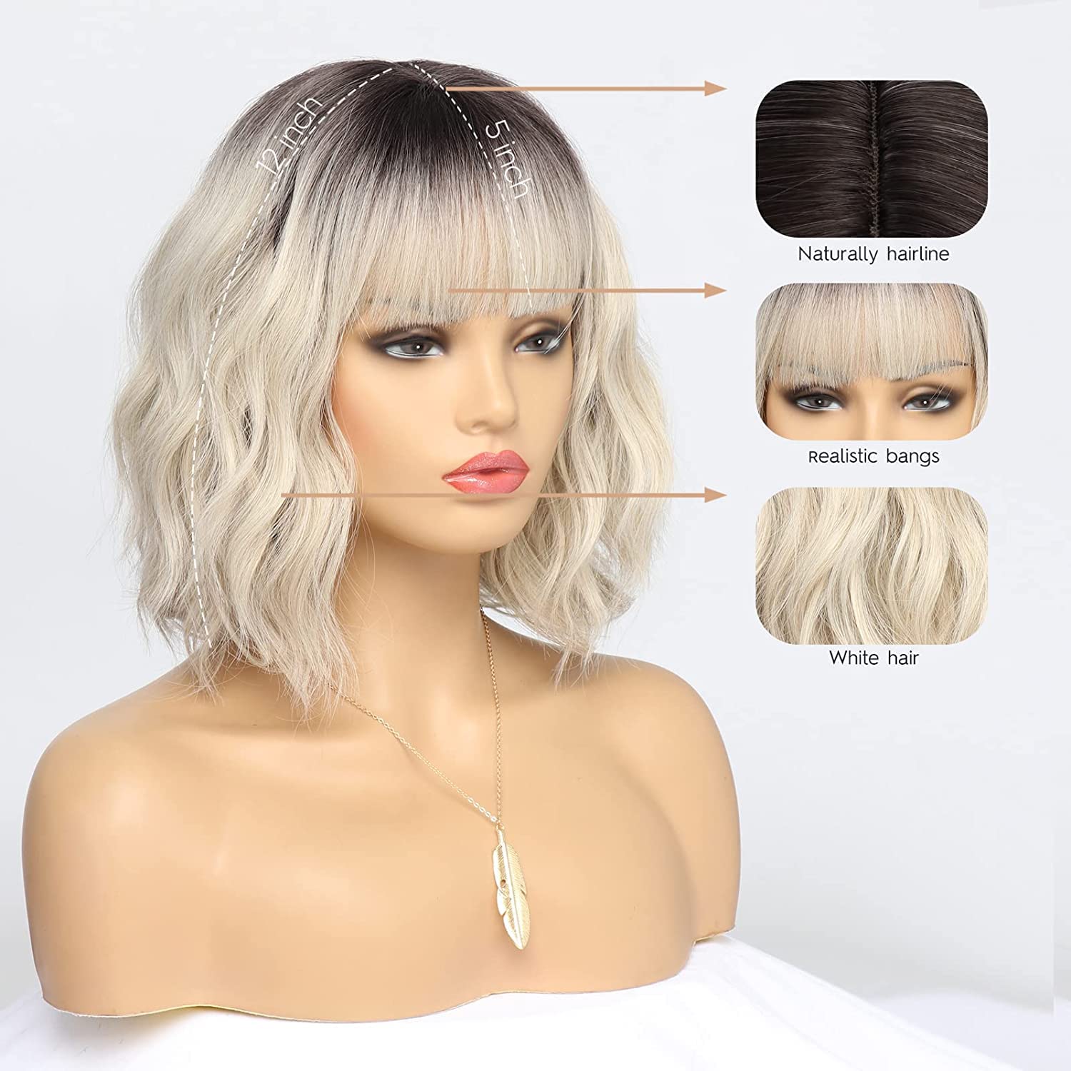 Kurze blonde Perücke für Frauen, natürliches Kunsthaar, Ombre-Bob-Perücke mit ordentlichem Pony, dunklem Ansatz für Alltag/Party/Cosplay (10 Zoll, Blond)._voghion.com