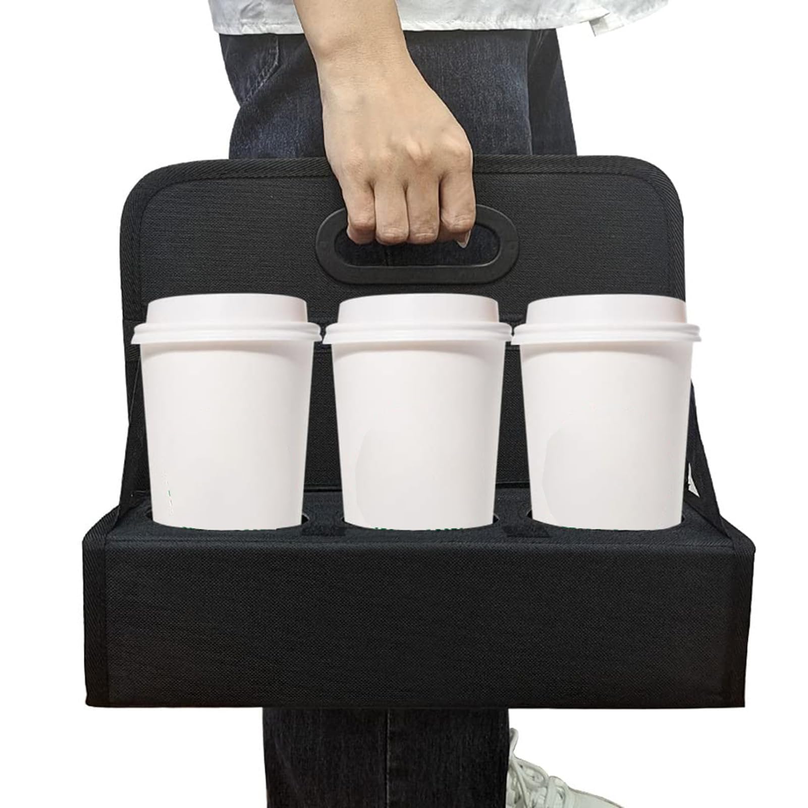 ZKOO Portable Drink Carrier with Handle, 6 Cup Foldable Portable Drink Carrier, Reusable Cup Holder Carry Coffee, Wine, Cocktails, Hot and Cold Beverages for Delivery and Take Out (Black)