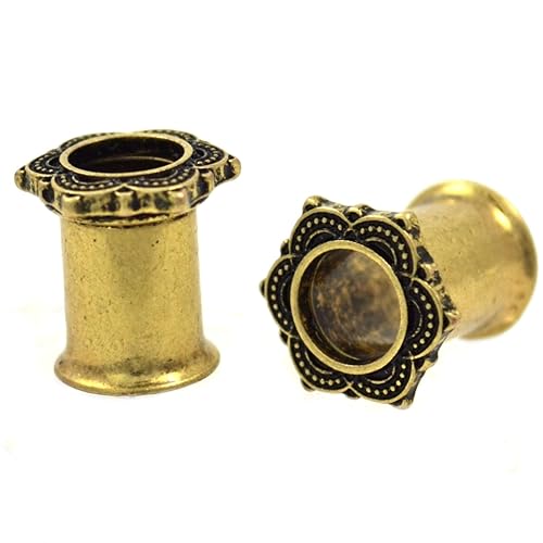 Pair of Brushed IP Steel Style Tribal Floral Rim Ear Tunnels Plugs - 0 Gauge (0g-8mm)