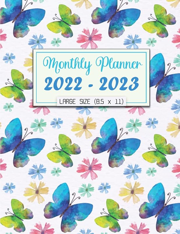 Monthly Planner 2022-2023, Large Size - (8.5 x 11): Blue Butterflies Watercolor Cover, 2-Year Monthly Planner Calendar Organizer, 24 Months Calendar- January 2022 to December 2023 by JR Planner