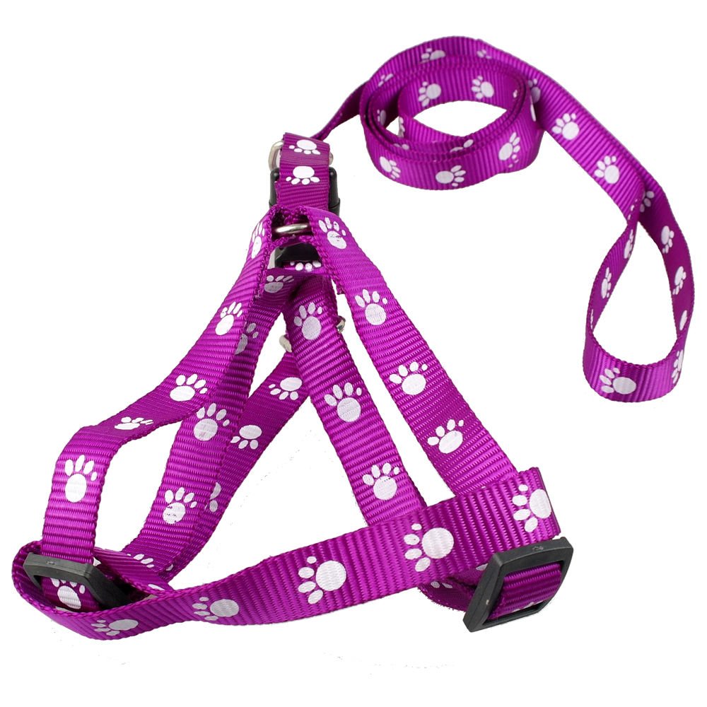 

Purple Nylon Dog Pet Harness Leash Set Paw Print Walking Adjustable Size S