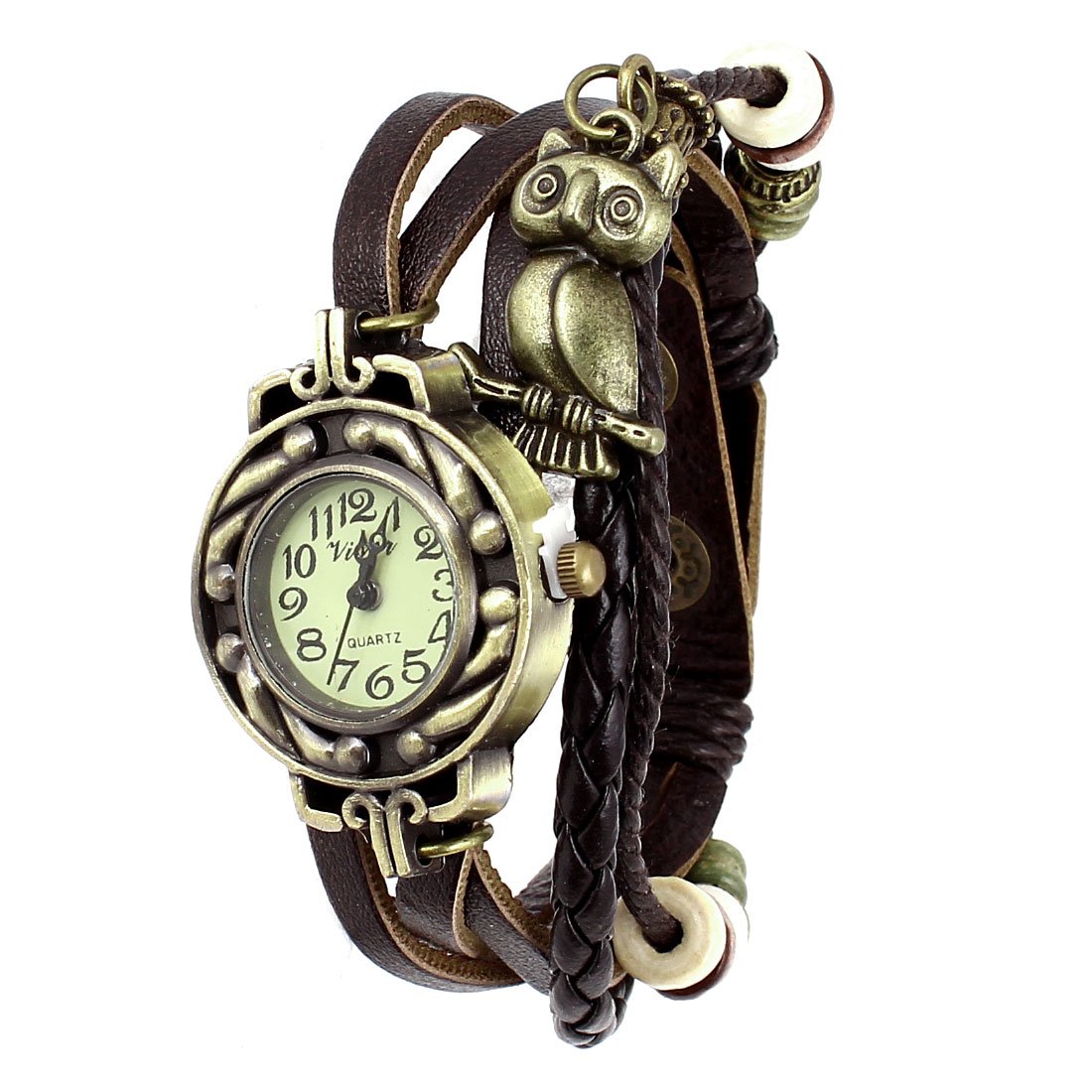 

Lady Retro Style PU Leather Weave Belt Quartz Wrist Watch Coffee Color
